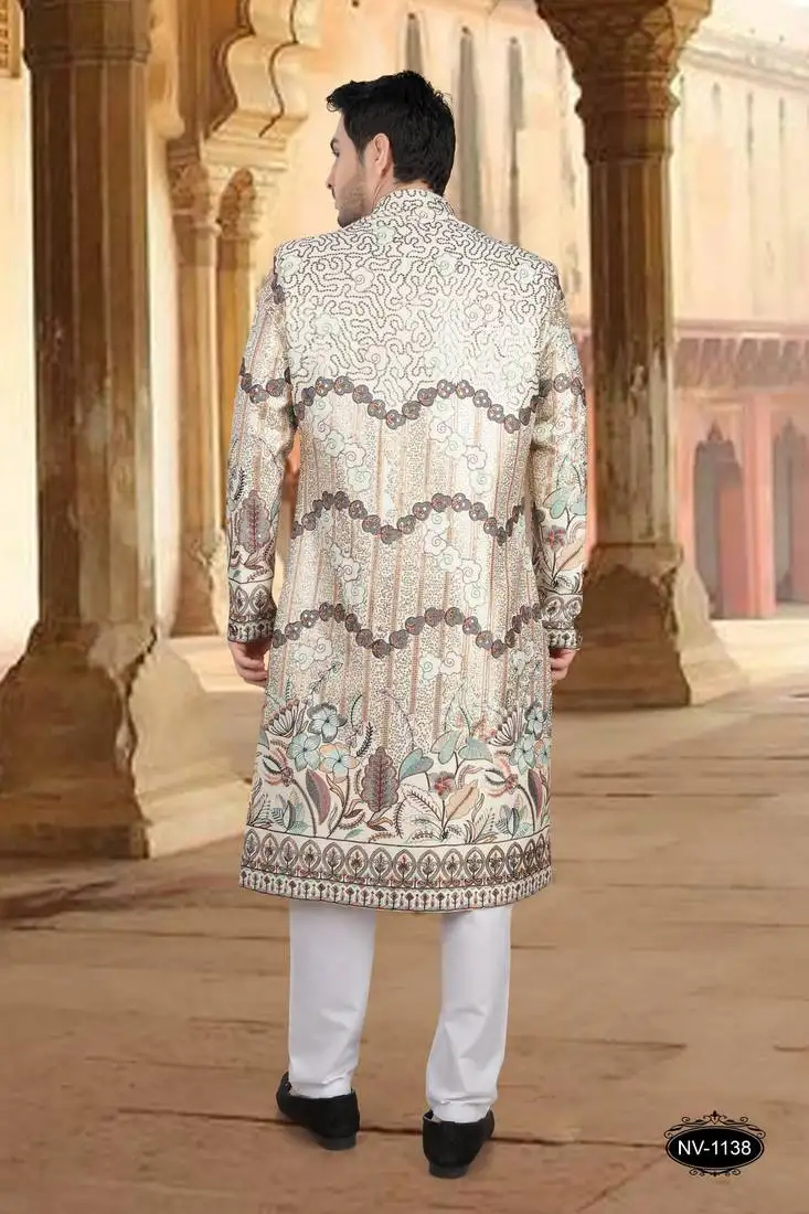 Cream malia silk embroidery sherwani for mens