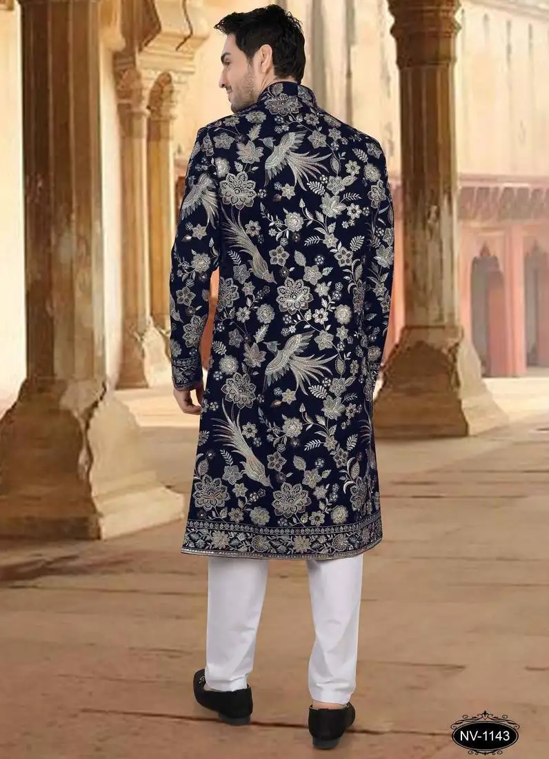 Blue velvet embroidery sherwani for mens