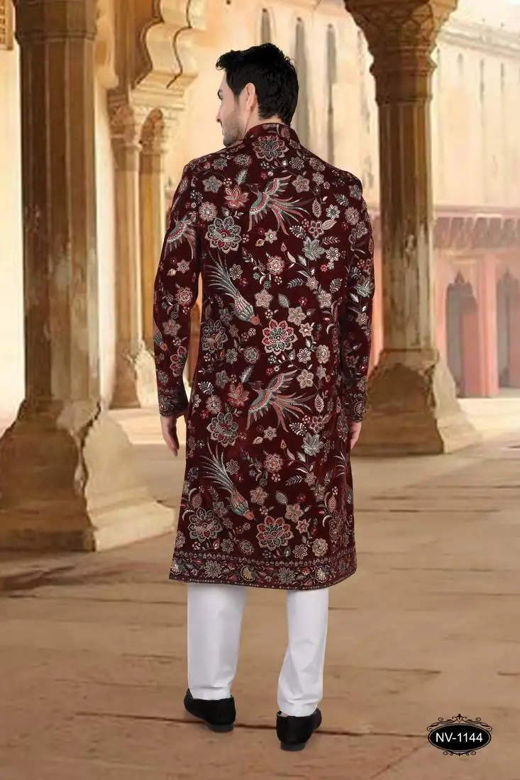 Maroon velvet embroidery sherwani for mens