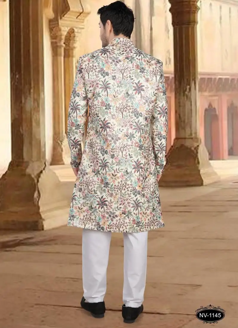 Multicolor malia silk embroidery sherwani for mens