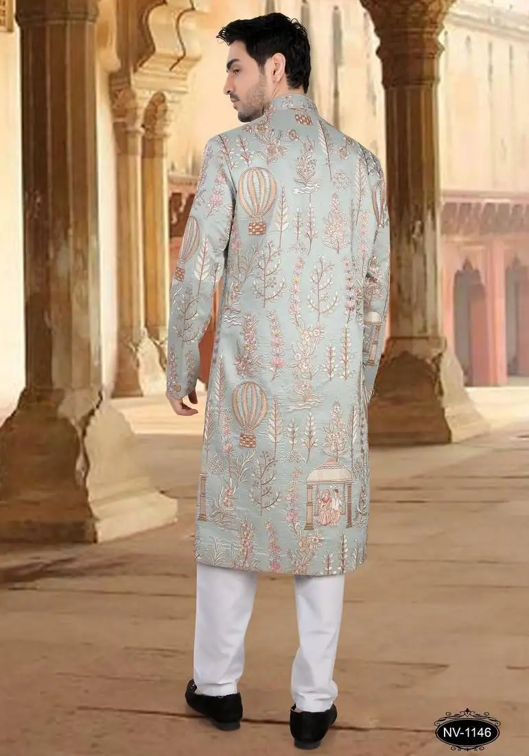 Blue malia silk embroidery sherwani for mens