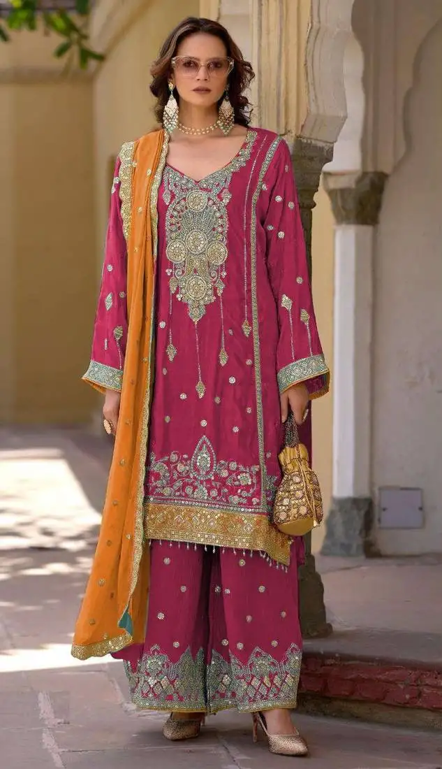 Pink embroidered chinon semi-stitched palazzo style salwar suit semi stitched
