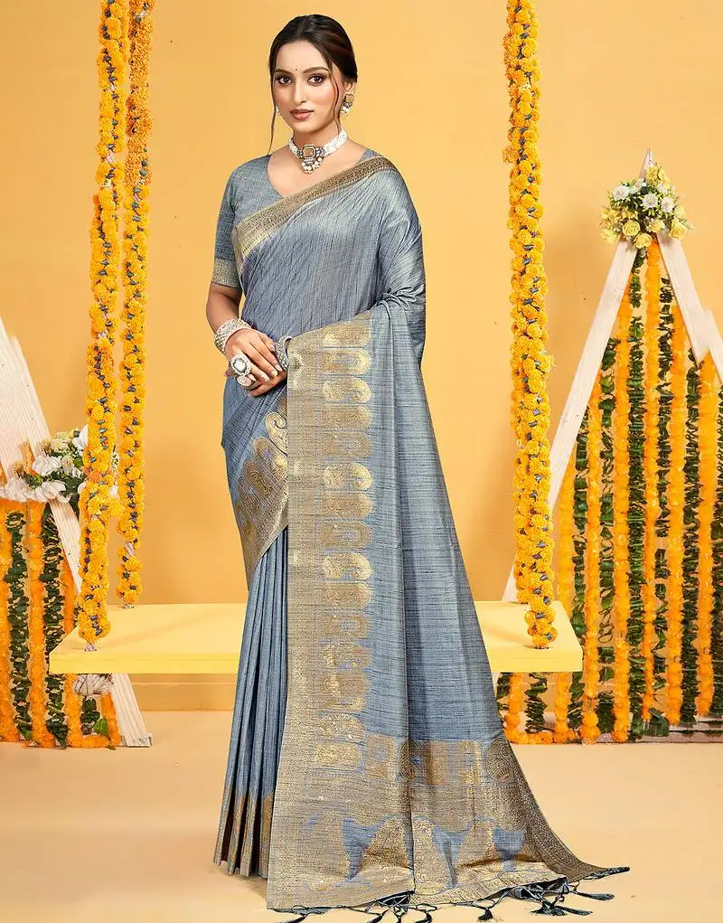 Grey assam silk woven work traditional saree