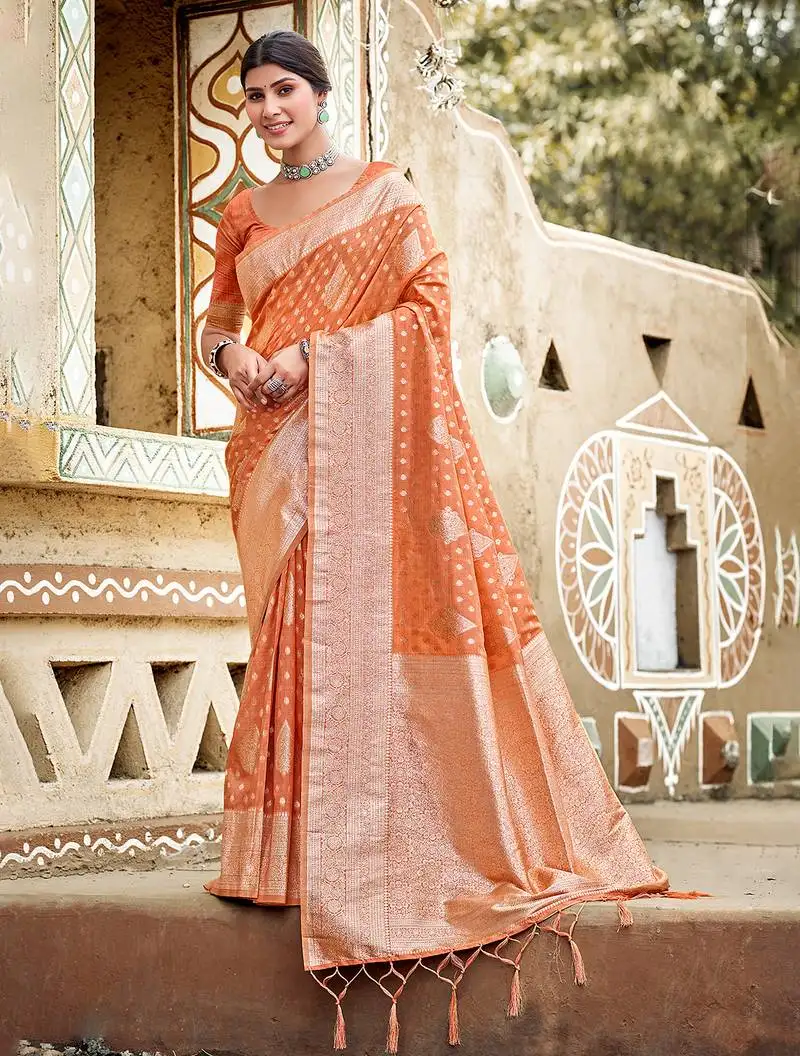 Orange assam silk woven work traditional saree