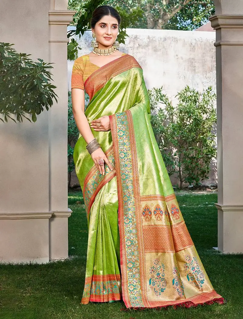 Green kanjivaram silk woven work traditional saree
