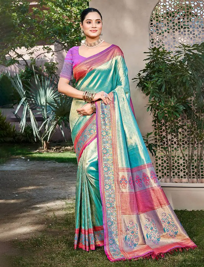 Teal kanjivaram silk woven work traditional saree