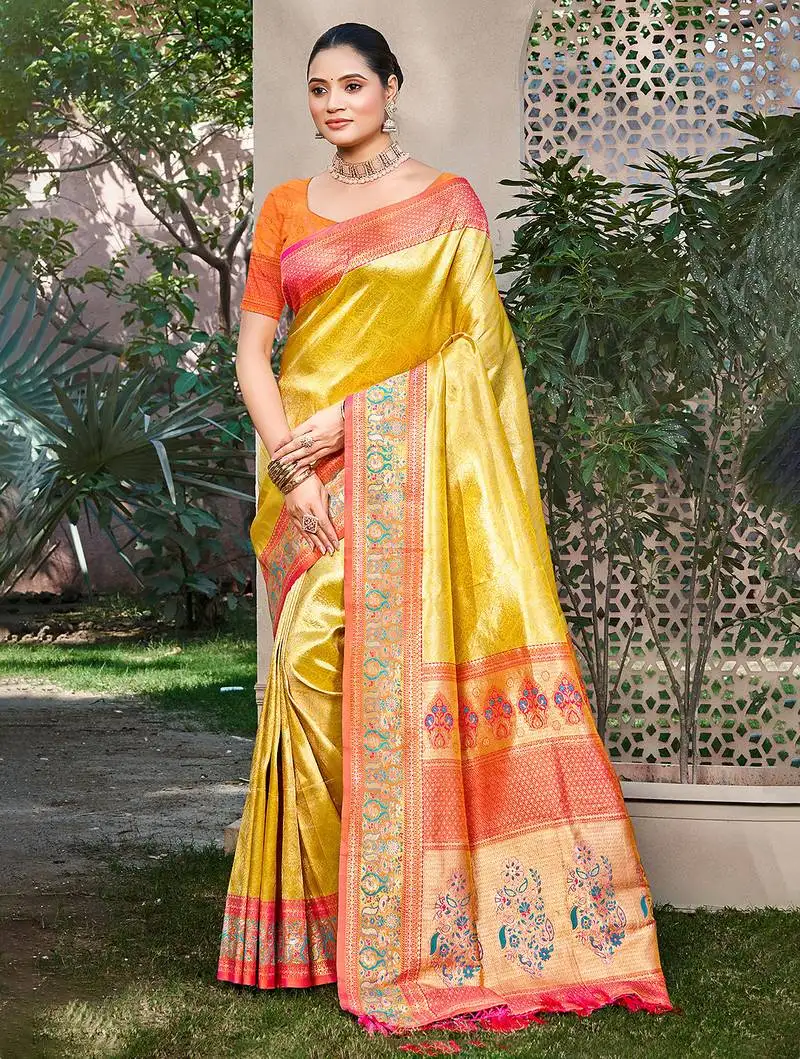 Yellow kanjivaram silk woven work traditional saree