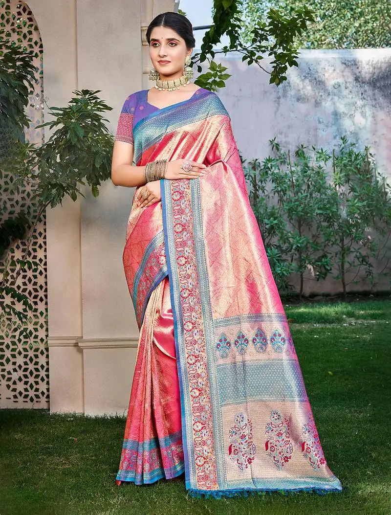 Pink kanjivaram silk woven work traditional saree