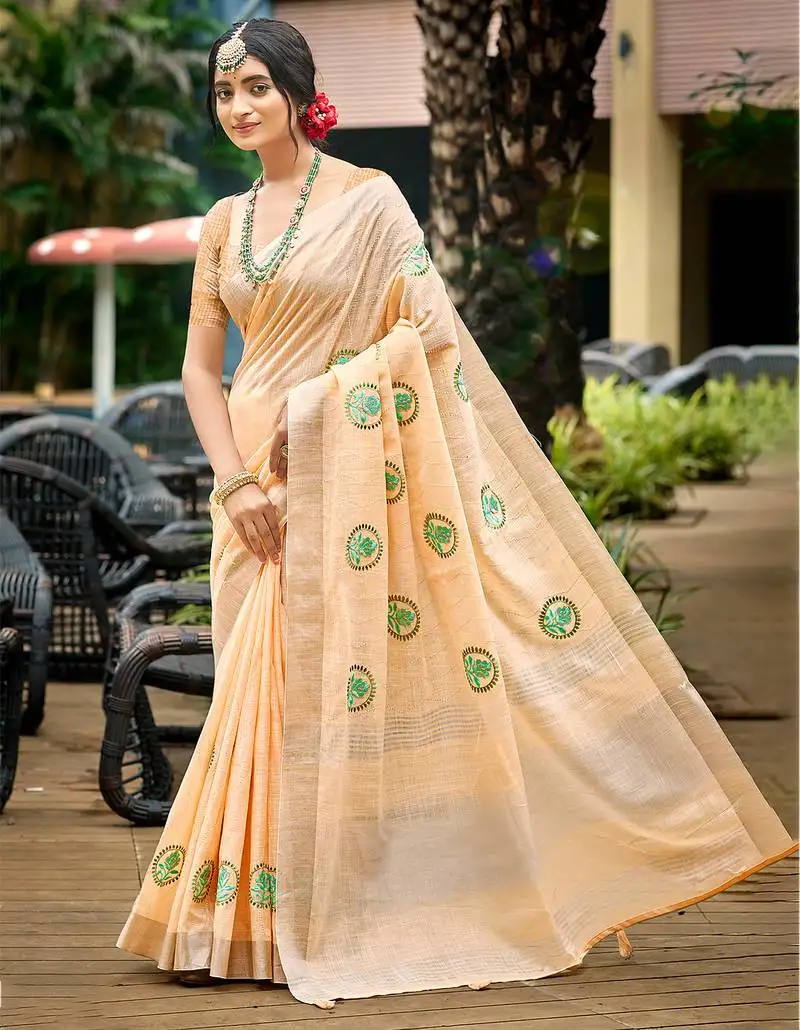 Peach linen woven work traditional saree
