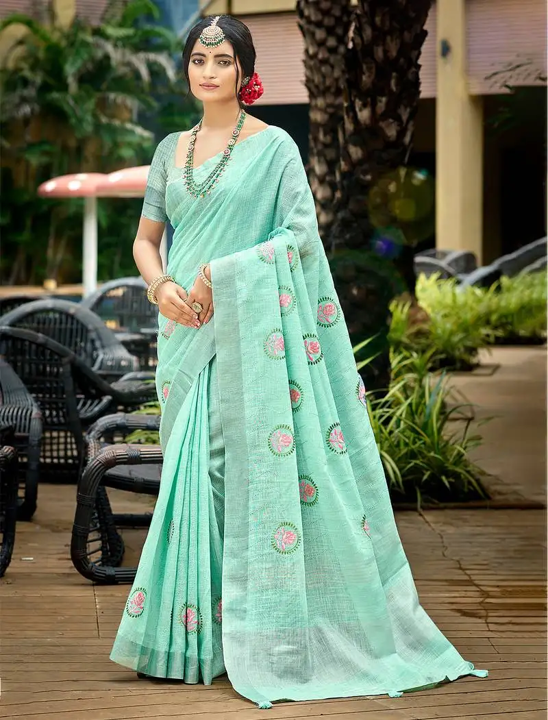 Sky blue linen woven work traditional saree