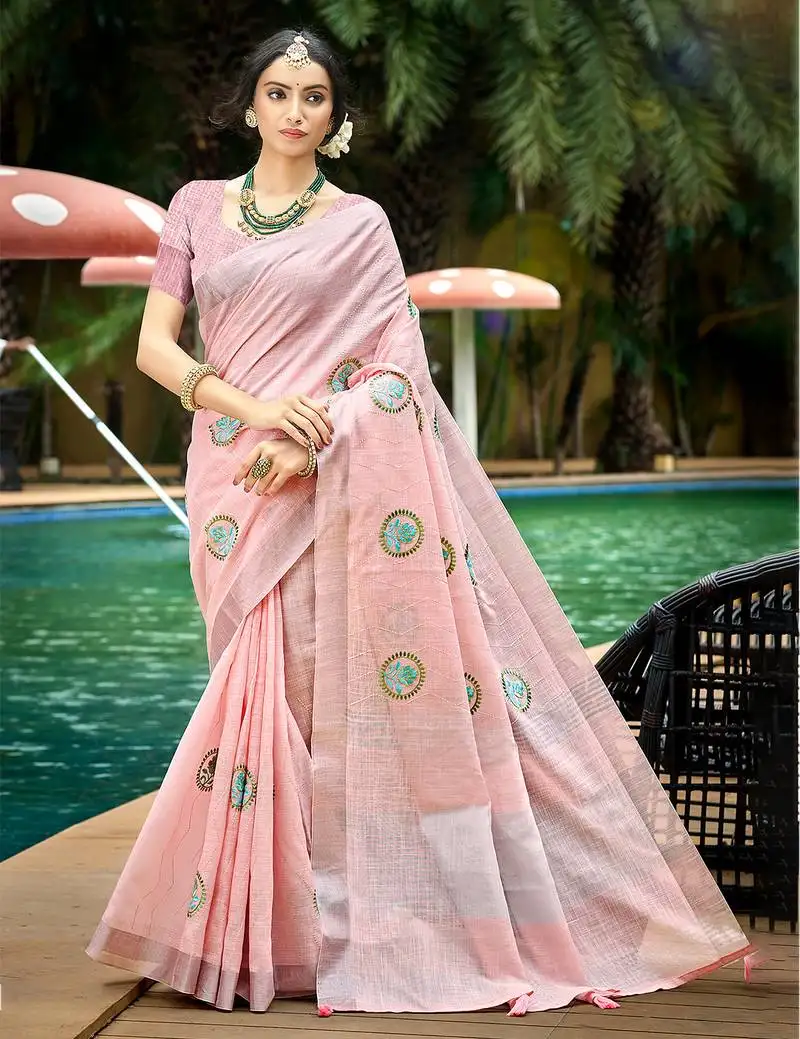 Light pink linen woven work traditional saree