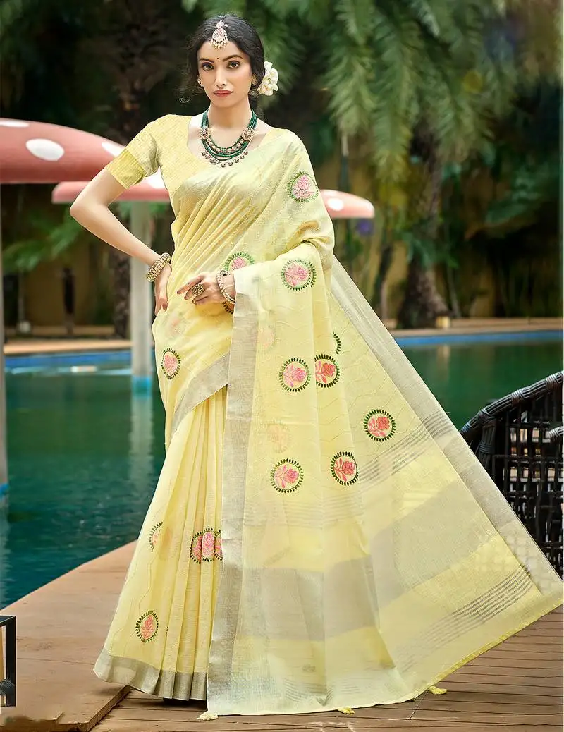 Yellow linen woven work traditional saree
