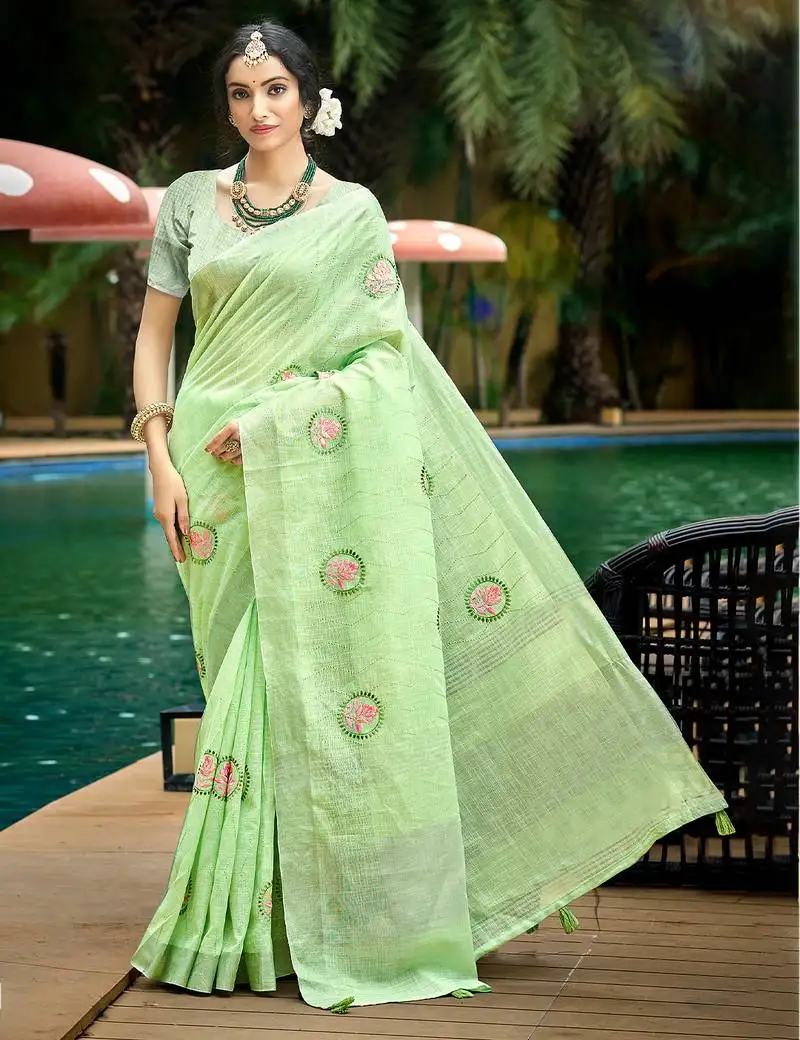 Green linen woven work traditional saree
