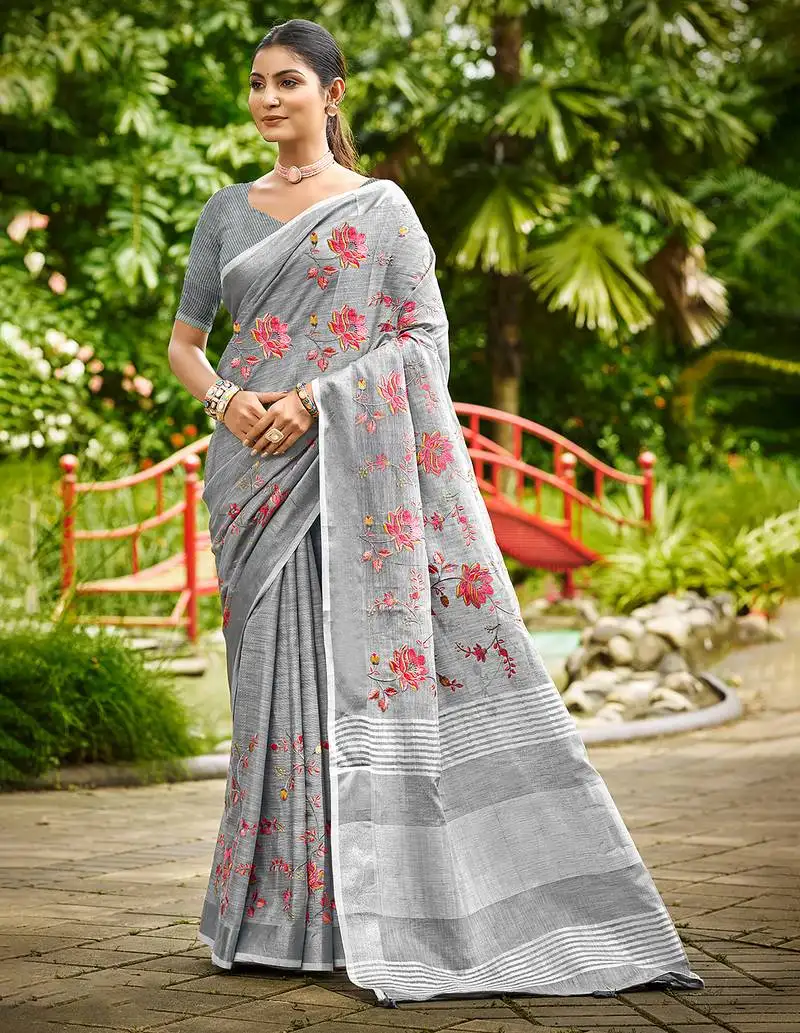 Grey linen woven work traditional saree