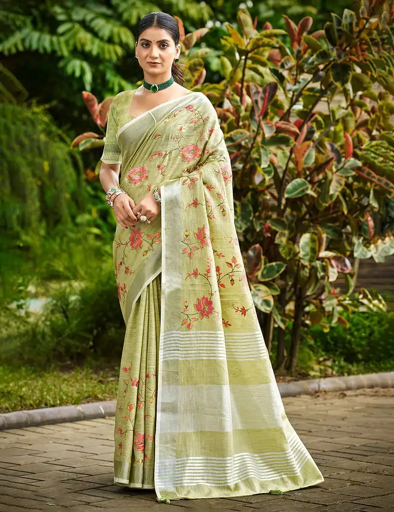 Lime green linen woven work traditional saree