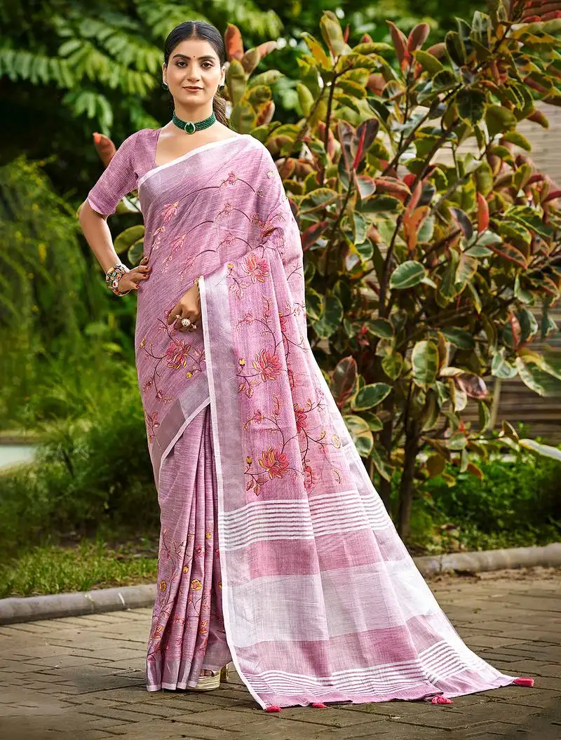 Onion pink linen woven work traditional saree