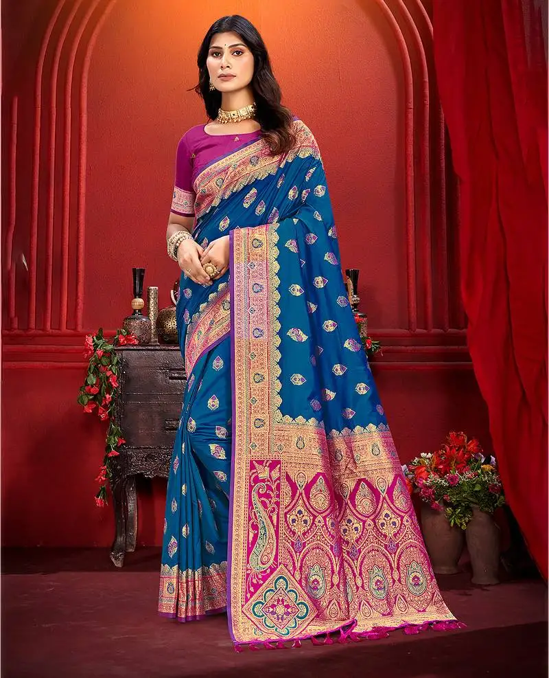 Teal blue silk woven work traditional saree