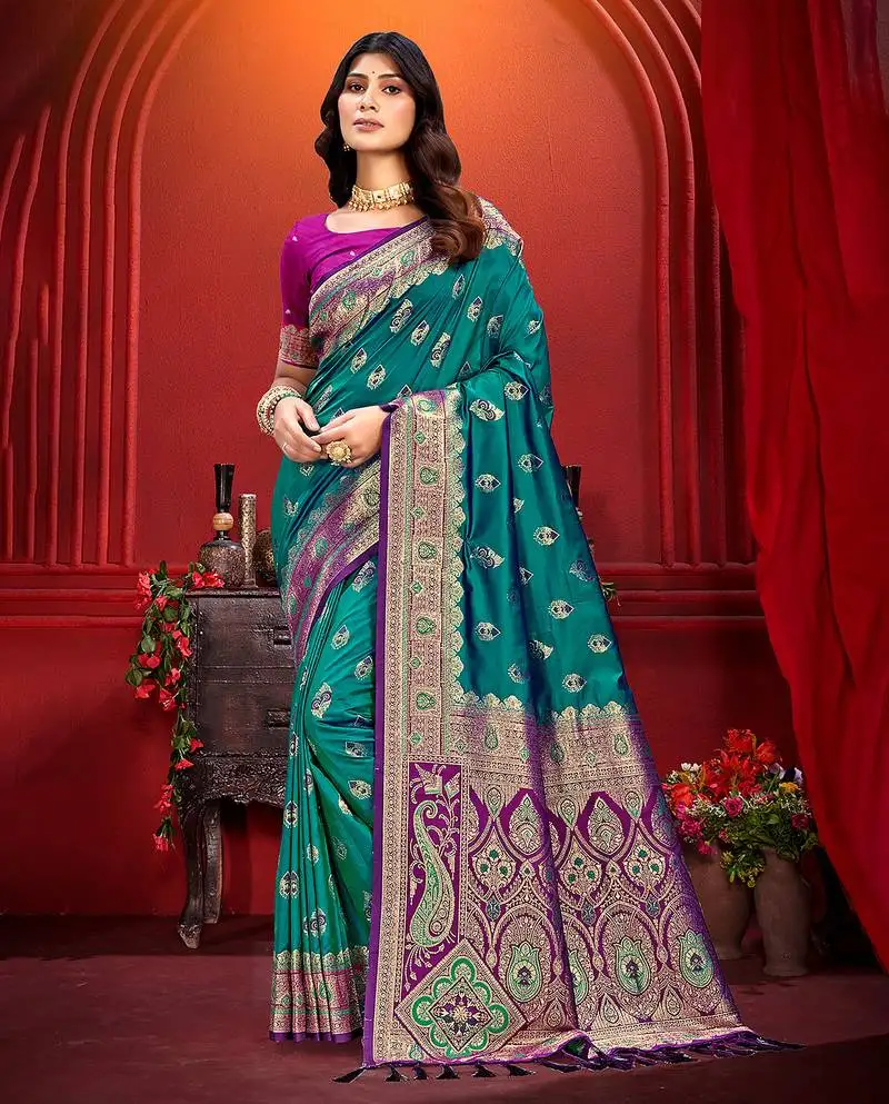 Turquoise blue silk woven work traditional saree