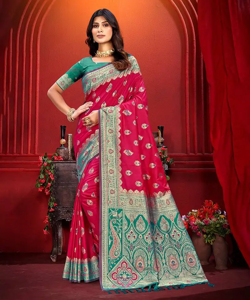 Rani pink silk woven work traditional saree