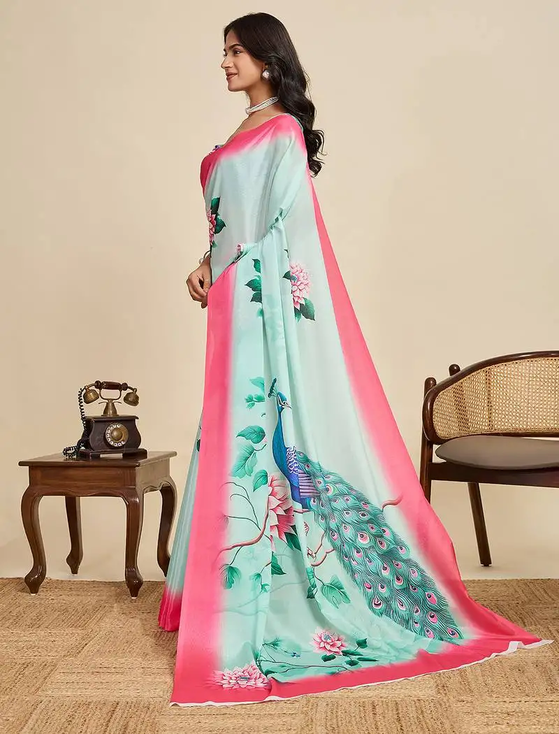 Sky blue color chinon fabric designer printed partywear saree