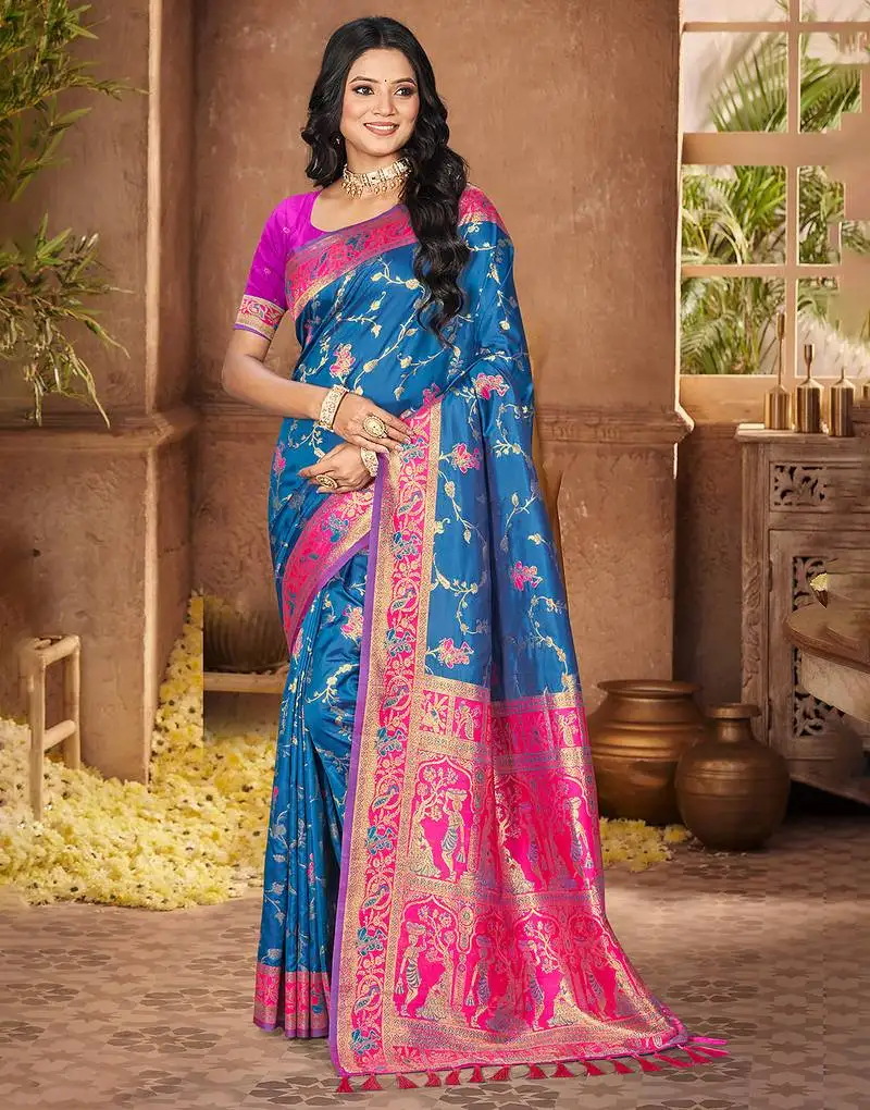 Peacock blue silk woven work traditional saree