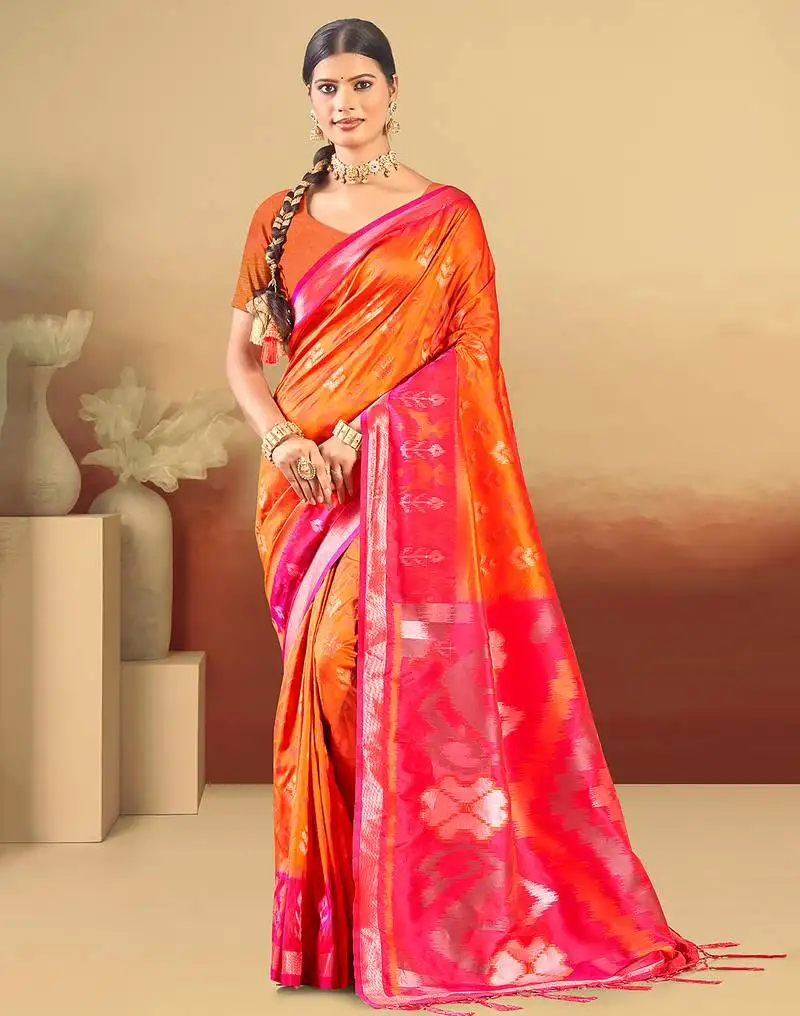 Orange silk woven work traditional saree
