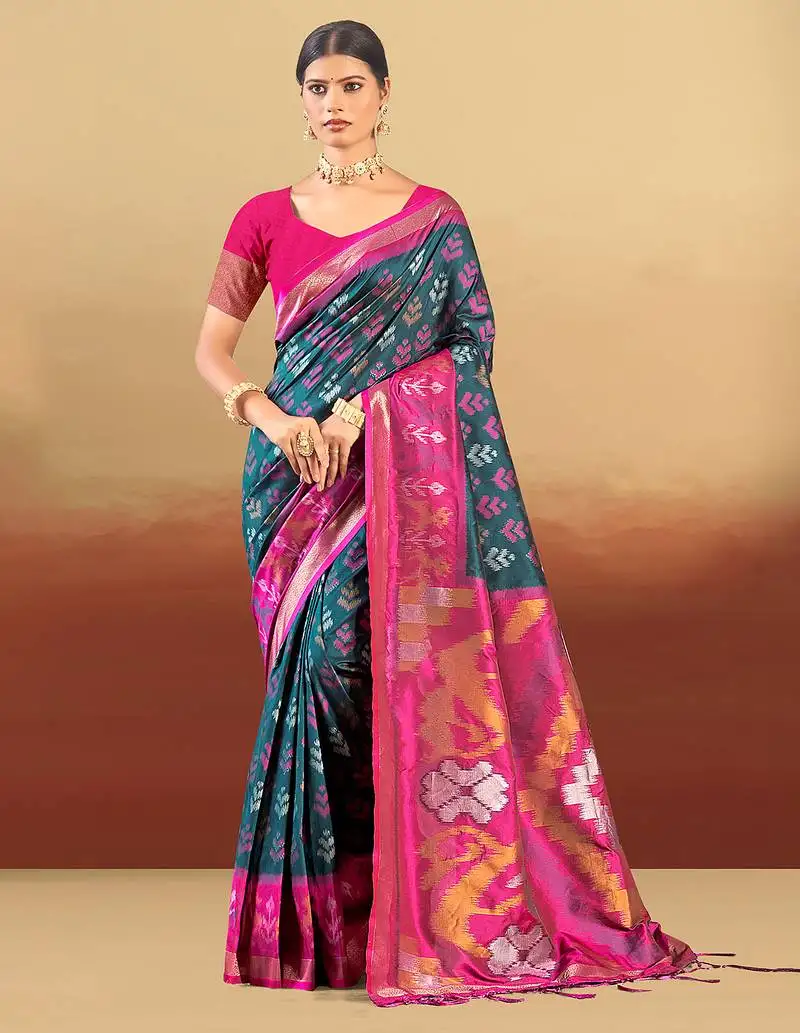 Teal silk woven work traditional saree