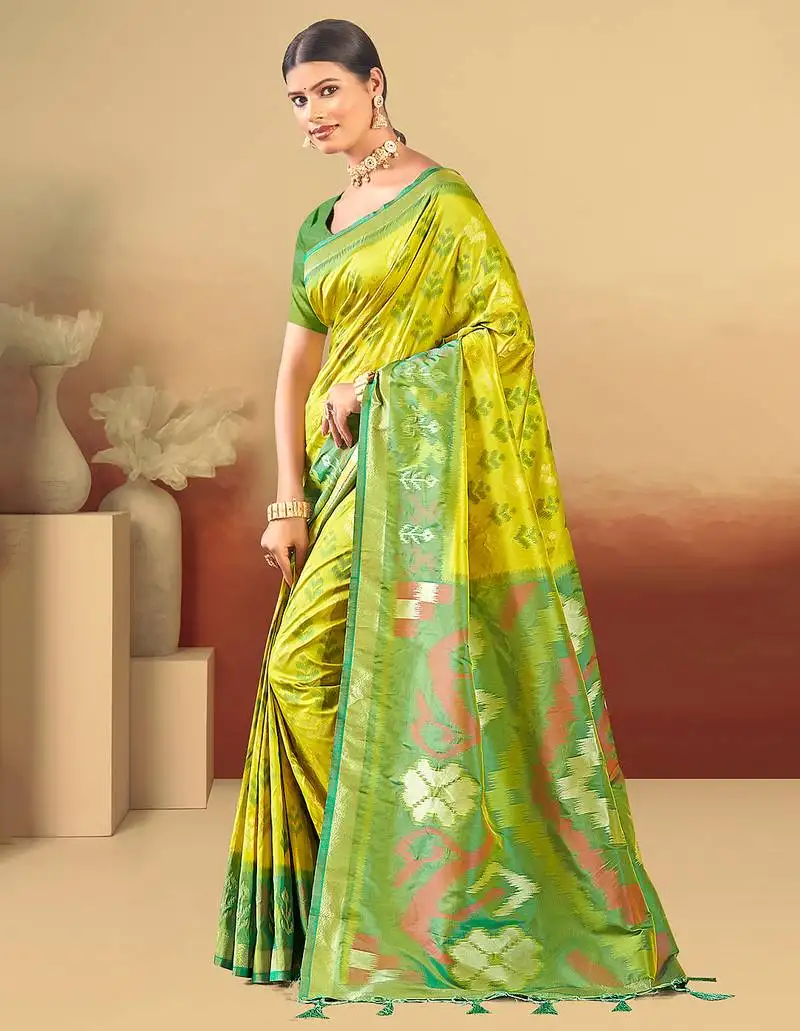 Lime green silk woven work traditional saree