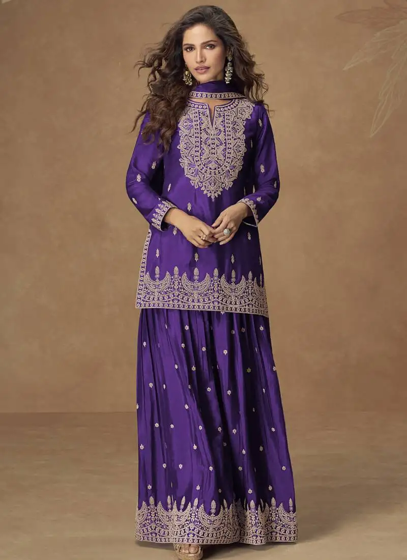 Violet chinnon silk embroidered palazzo suit stitched