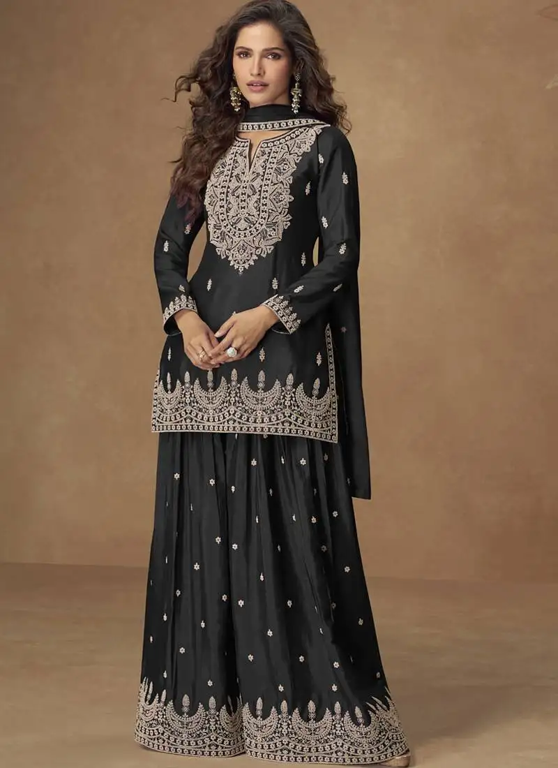 Black chinnon silk embroidered palazzo suit stitched