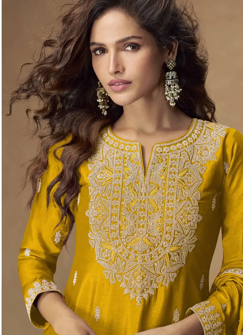 Yellow chinnon silk embroidered palazzo suit stitched