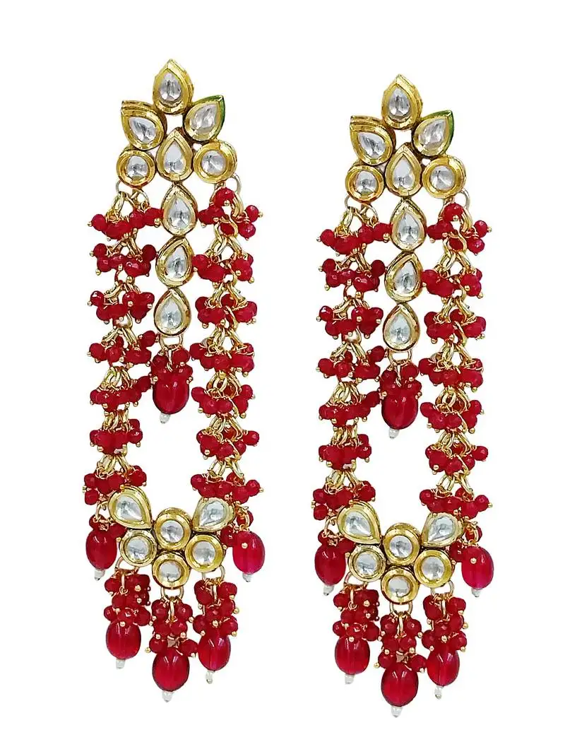Elegant ruby kundan & beads chain dangler earrings for women & girls.