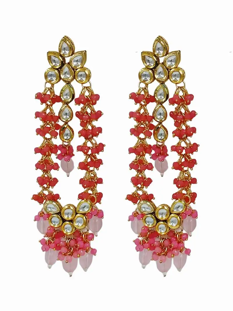 Elegant pink kundan & beads chain dangler earrings for women & girls.