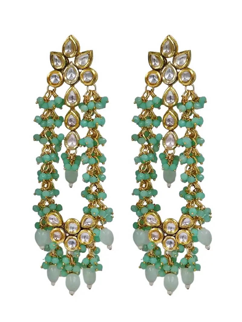 Elegant mint kundan & beads chain dangler earrings for women & girls.