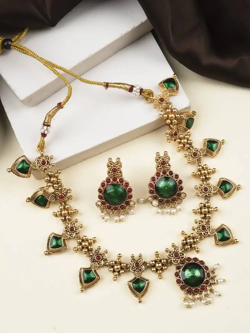 Gold plated green floral necklace set