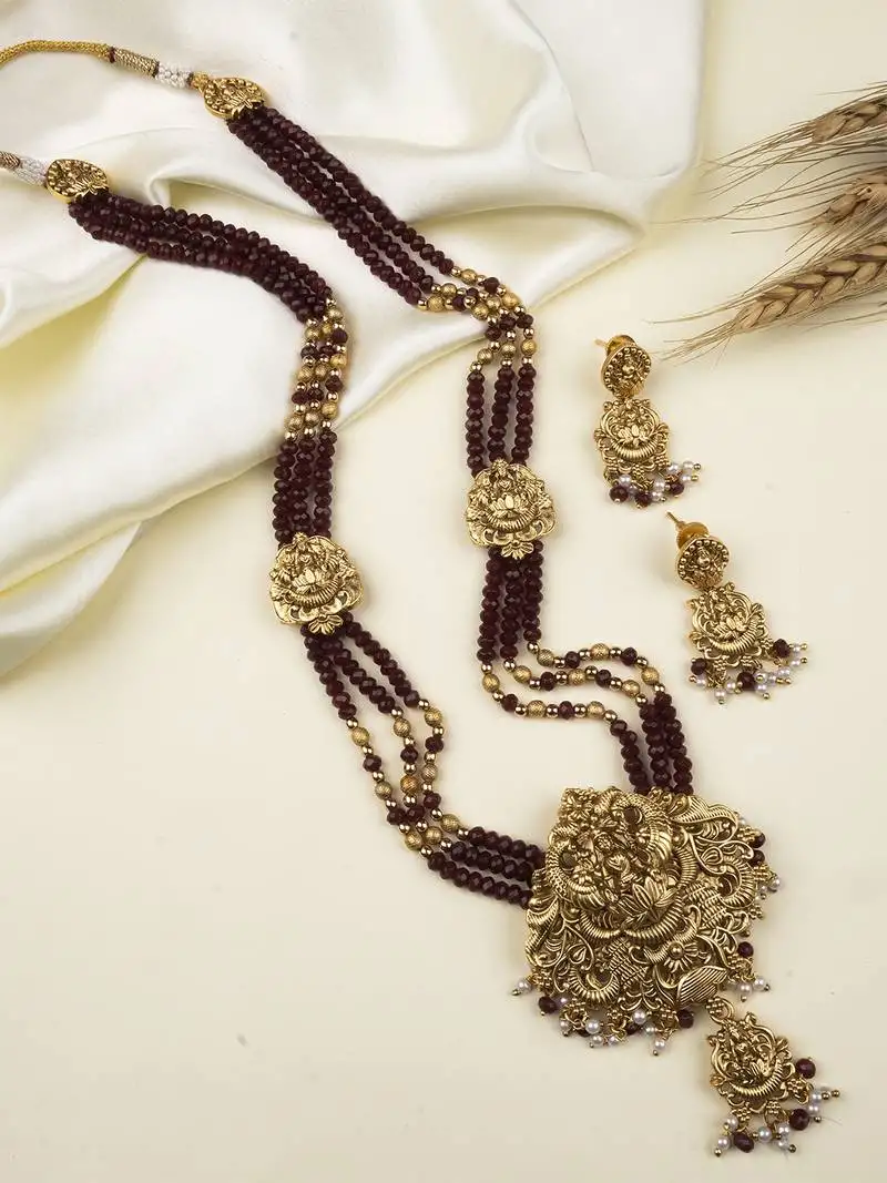 Gold plated goddess maroon beads long necklace set