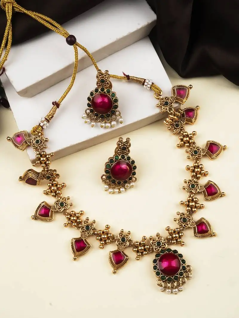 Gold plated pink floral necklace set