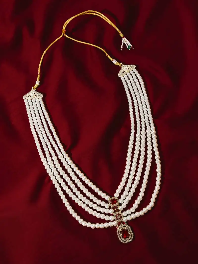 Men's white & maroon tasselled pearl wedding necklace