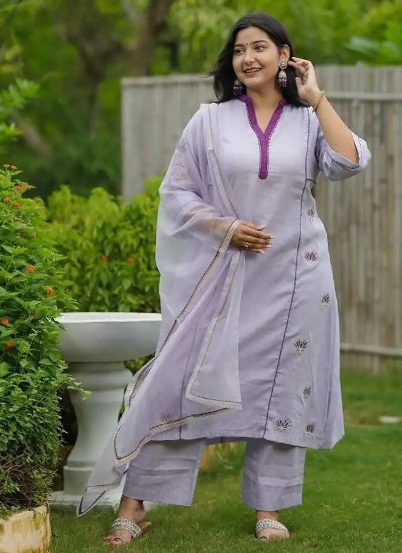 Purple lotus hand embroidered cotton kurta set