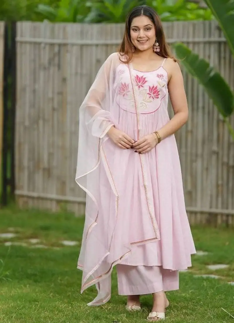 Baby pink lotus hand embroidered cotton kurta set