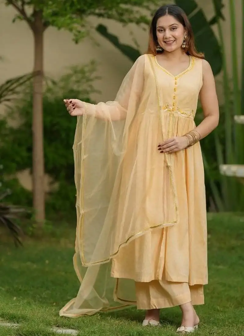 Mango yellow lotus hand embroidered cotton kurta set