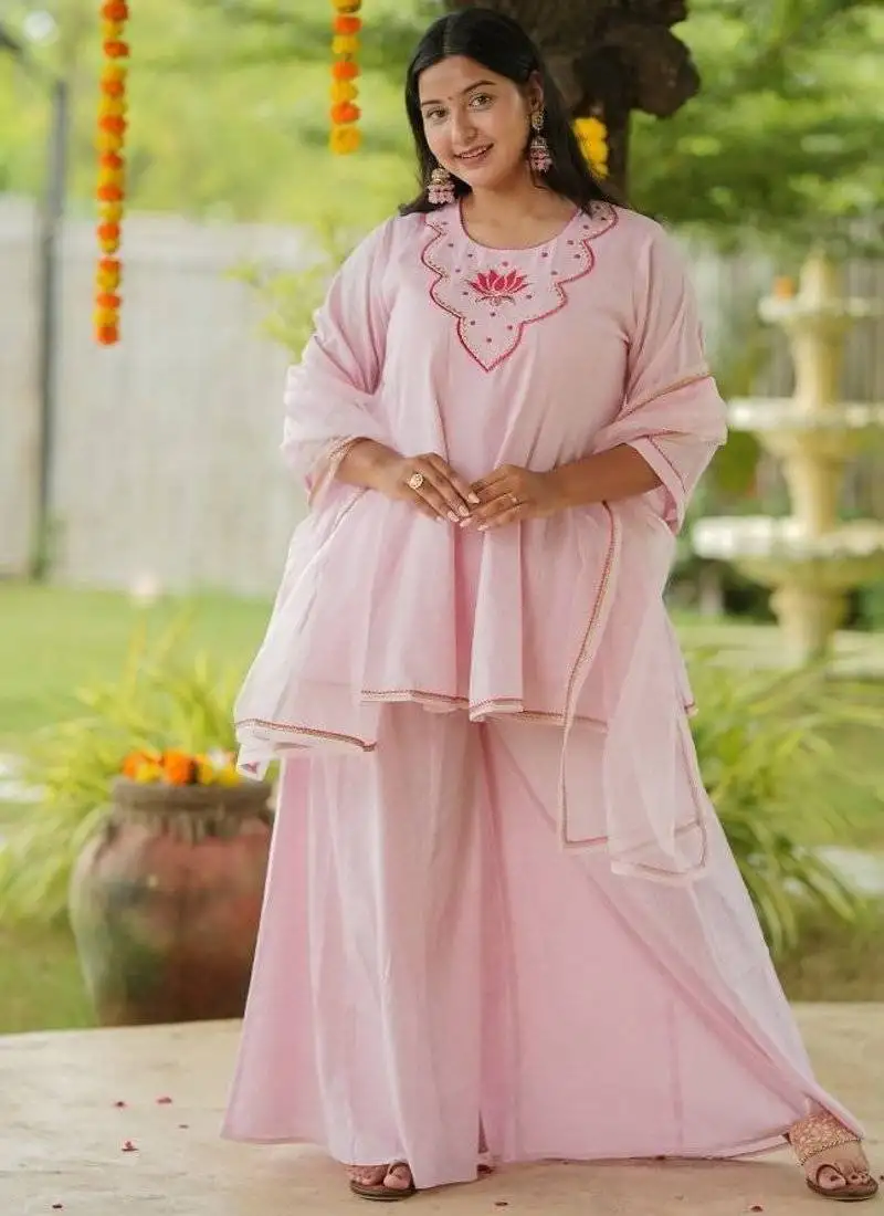 Pink lotus sharara hand embroidered cotton suit set