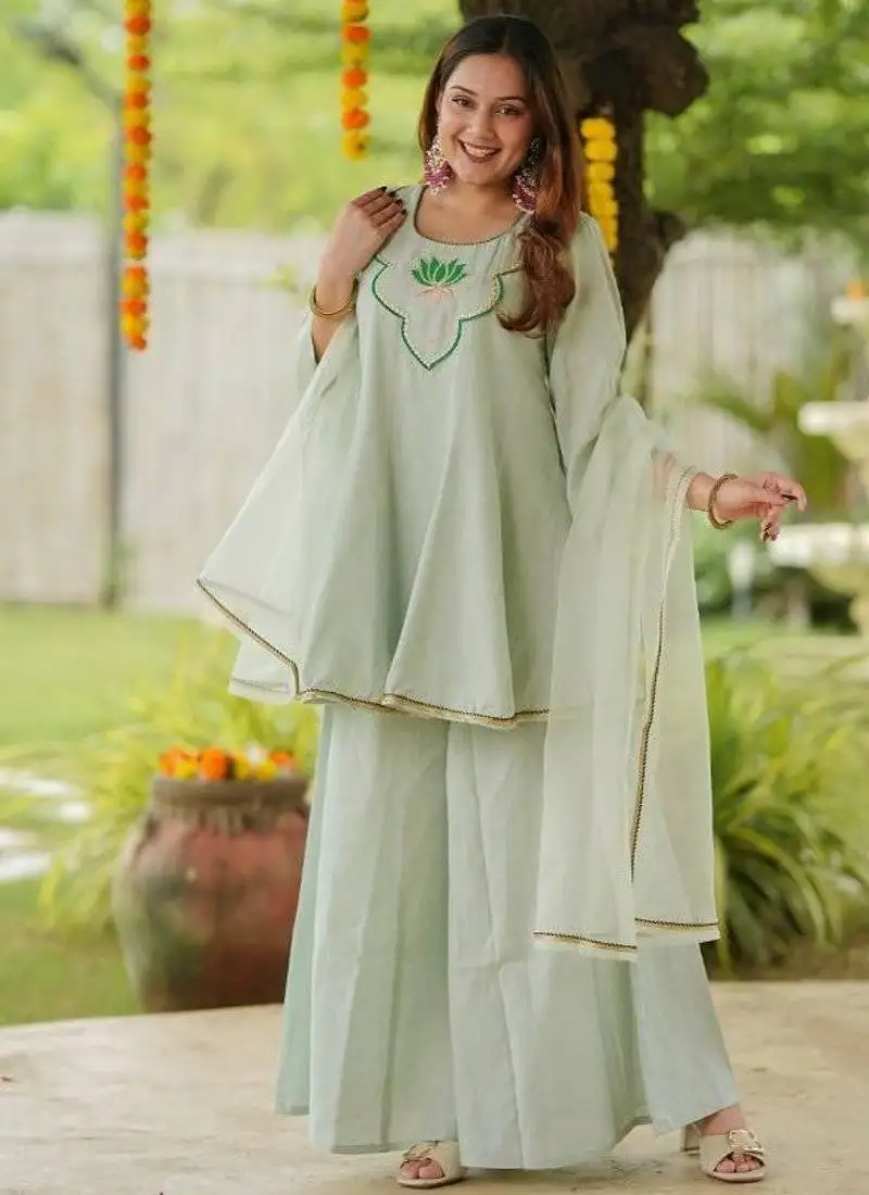 Green lotus sharara hand embroidered cotton suit set