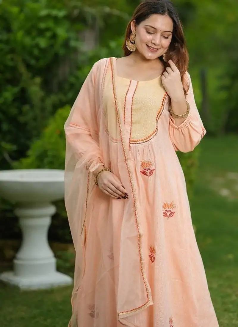 Peach lotus hand embroidered cotton suit set