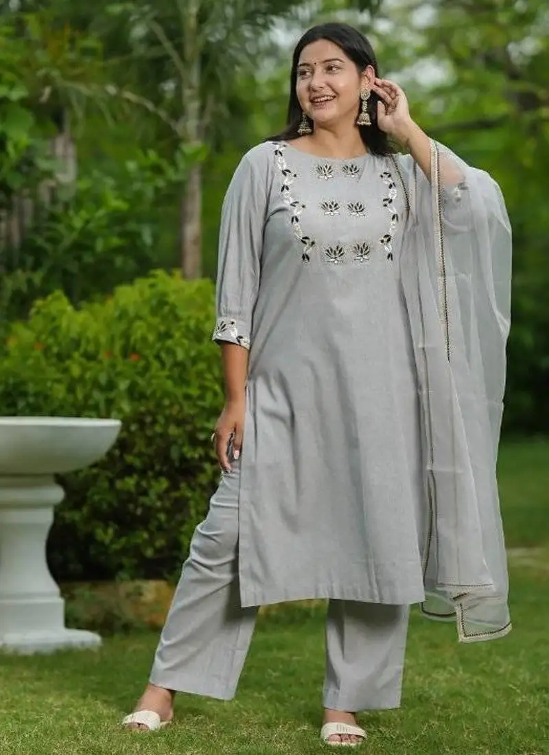 Grey lotus hand embroidered cotton suit set