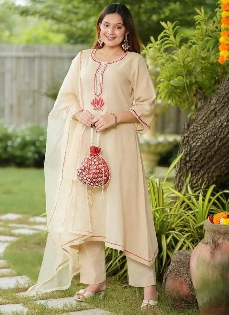 Beige lotus hand embroidered cotton suit set