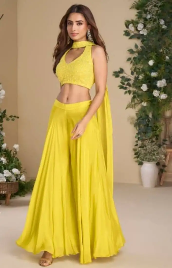 Yellow heavy chinon palazzo set full- stitched free size