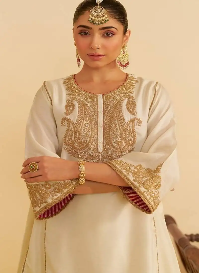 Ivory embroidered silk kurta set