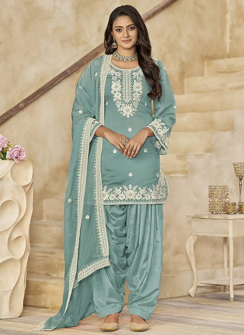 Aqua blue embroidered roman silk patiala suits semi stitched