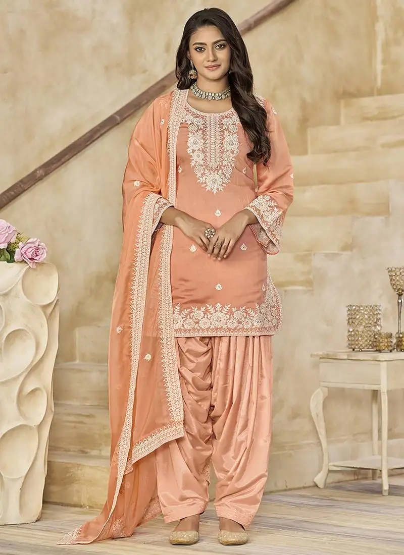 Peach embroidered roman silk patiala suits semi stitched